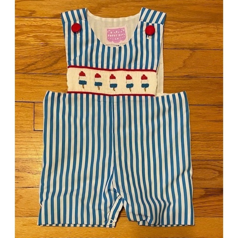 POPPY KIDS Smocked PATRIOTIC POPSICLES Jon Jon Romper Shortie 4th July 12m